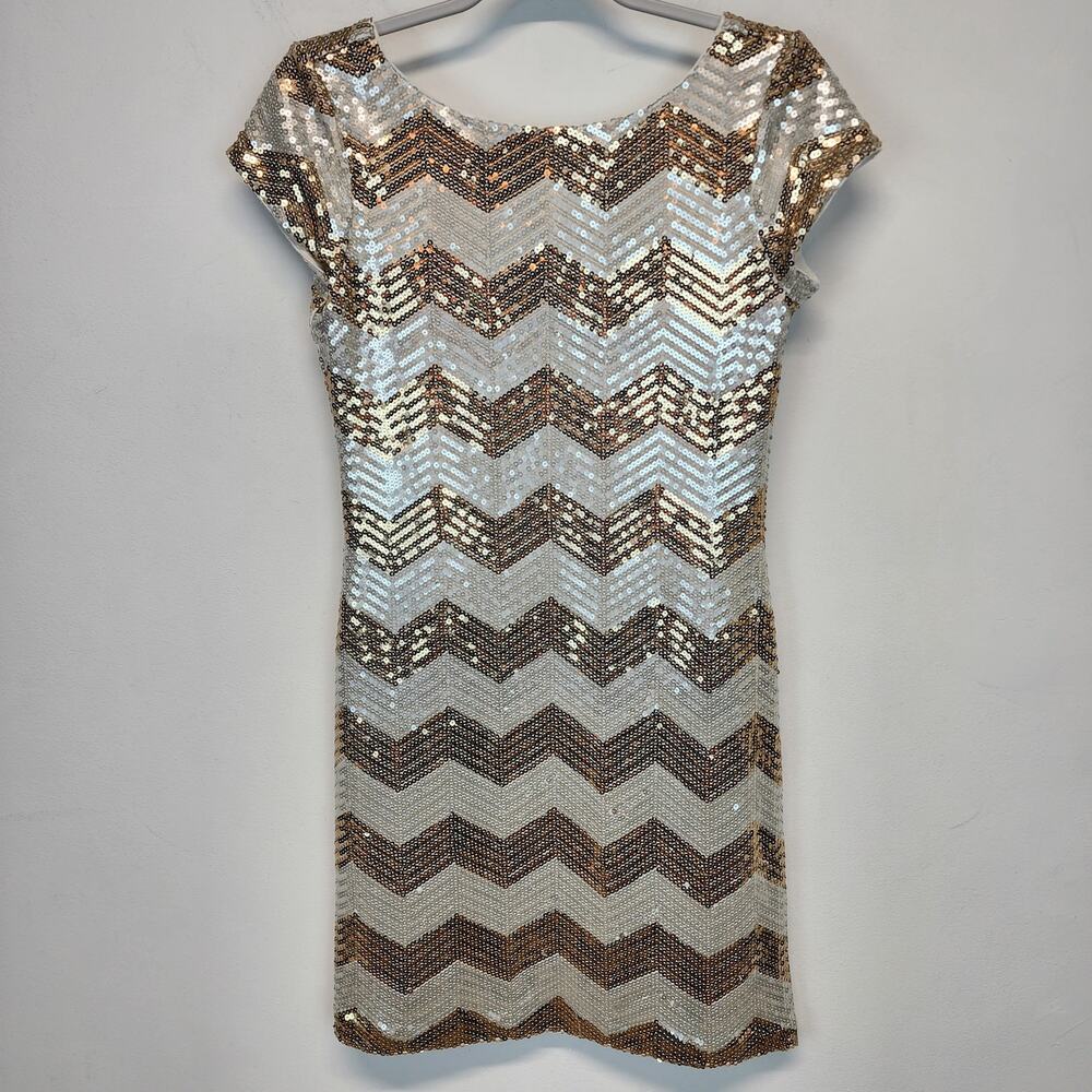 WHBM Sequin Dress Size XS Gold Cream Mini Short Sleeve Chevron Evening Party